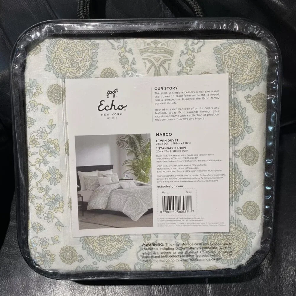 ECHO NEW YORK Marco Grey 100% Cotton Reversible TWIN Duvet Mini Set 2pc